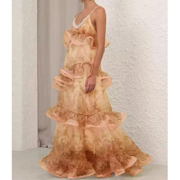Stunning Designer Pink Chiffon Lace Pearl Maxi Dress
